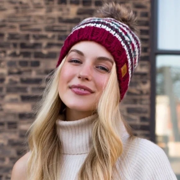 Multi Colored Holiday Beige Red Green Knit Faux Fur Pompom Beanie Winter Hat - Picture 3 of 5